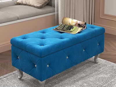 Blue Tufted Velvet Storage Bench With Silver Metal Legs And Magazine On Top 3d model