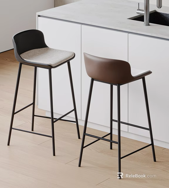 Black and Brown Bar Stools With Metal Legs Upholstered Seats And White Cabinets 3d model 