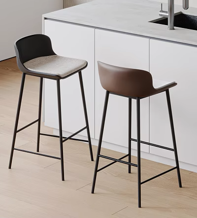 Black and Brown Bar Stools With Metal Legs Upholstered Seats And White Cabinets 3d model