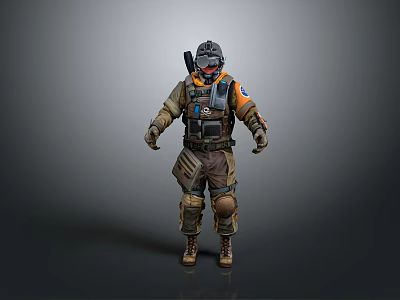 3D Rendered Tactical Military Figure With Helmet And Orange Accented Gear 3d model