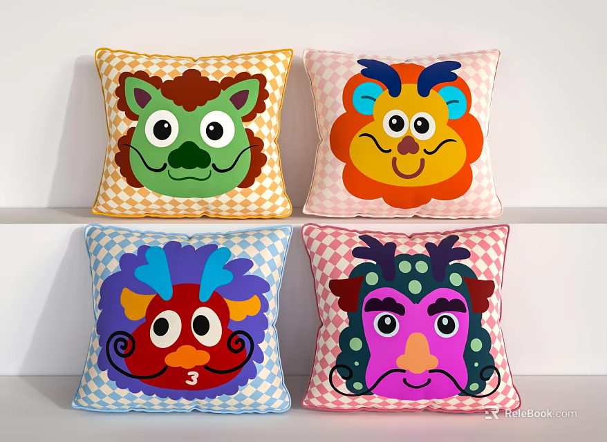 Decorative Throw Pillows Featuring Cute Animal Cartoon Faces And Checkered Patterns 3d model 