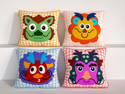 Decorative Throw Pillows Featuring Cute Animal Cartoon Faces And Checkered Patterns 3d model