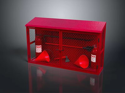Red Fire Safety Equipment Storage Cabinet With Extinguishers Horns Axes 3d model