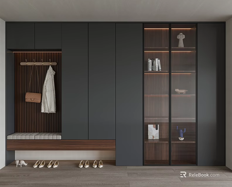 Modern Shoe Cabinet With Coat Rack Bench And Glass Door Display Shelves For Shoes 3d model 