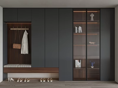 Modern Shoe Cabinet With Coat Rack Bench And Glass Door Display Shelves For Shoes 3d model