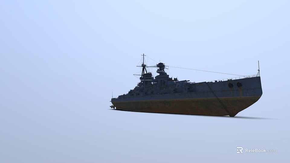 Large Battleship With Upper Structure And Mast Sailing On Calm Sea Surface 3d model 