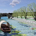Waterfront Landscape with Stone Arch Bridge Willow Trees Water Lilies and Boat on Calm River