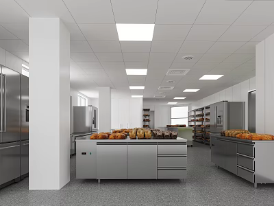 Modern Commercial Kitchen Interior With Stainless Steel Worktables And Storage Cabinets 3d model