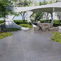 Modern Pergola Structure With Trees Rocks Gray Tiled Floor And Green Grass Area