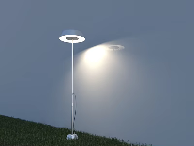Modern White Floor Lamp With Round Shade Illuminating Grass On Light Blue Background 3d model