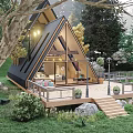 Detached Villa With Triangular Roof Wooden Deck And Autumn Trees By Pond