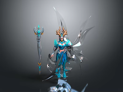 Fantasy Female Character With Blue Silver Armor Horned Head And Transparent Wings 3d model