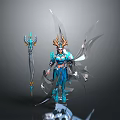 Fantasy Female Character With Blue Silver Armor Horned Head And Transparent Wings