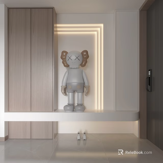 Modern Dining Living Room Interior With Kaws Figurine LED Strip Lighting And Wooden Cabinets 3d model 
