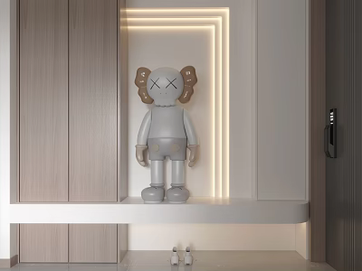 Modern Dining Living Room Interior With Kaws Figurine LED Strip Lighting And Wooden Cabinets 3d model