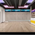 Modern Store Front Desk with Yellow Counter Shoe Display Shelves Neon Lights and Lockers