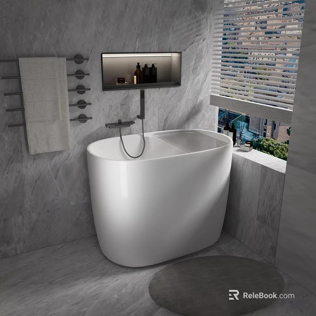 White Freestanding Bathtub in Bathroom with Marble Walls Towel Rack Toiletries Window Blinds and Greenery 3d model 