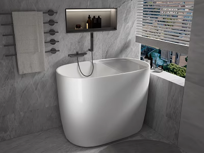 White Freestanding Bathtub in Bathroom with Marble Walls Towel Rack Toiletries Window Blinds and Greenery 3d model