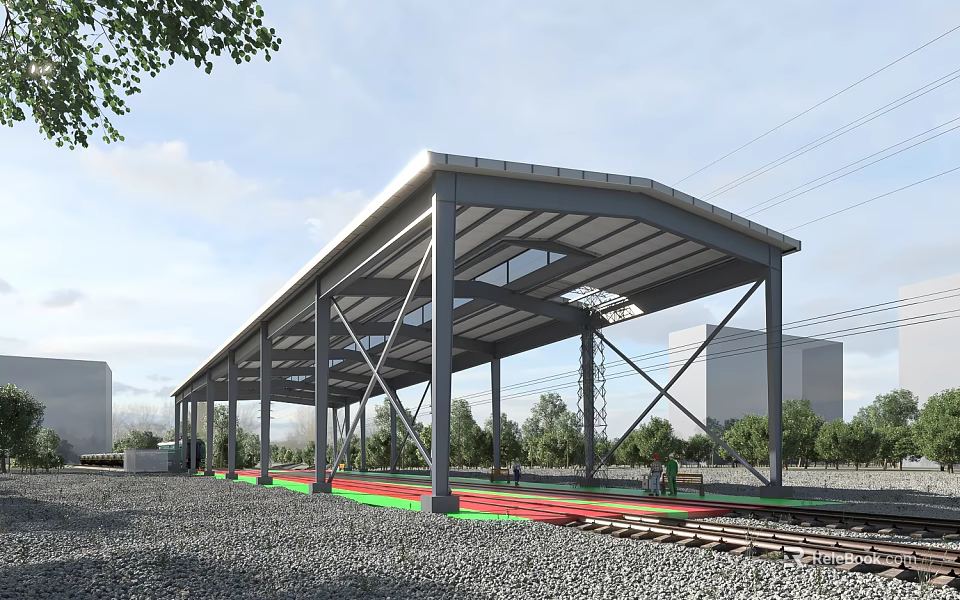 Industrial Factory Building with Steel Structure Transparent Roof Surrounded by Trees and Railway Track 3d model 