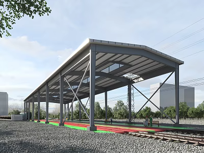 Modern shed factory shed train road stone 3d model