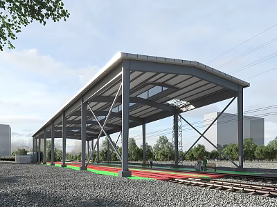 Industrial Factory Building with Steel Structure Transparent Roof Surrounded by Trees and Railway Track 3d model