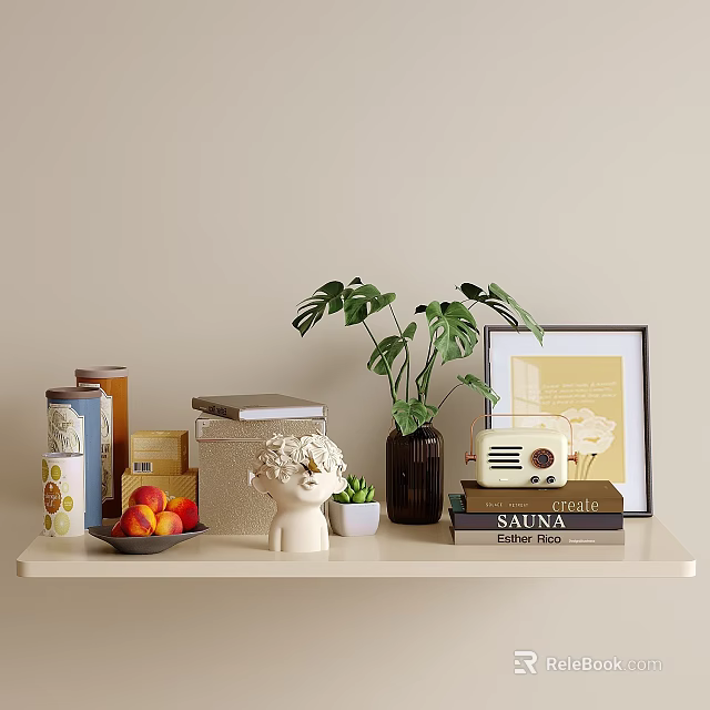 Stylish Dresser Decorated with Green Plant Vintage Radio Books and Picture Frame 3d model 
