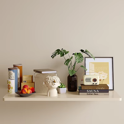 Stylish Dresser Decorated with Green Plant Vintage Radio Books and Picture Frame 3d model