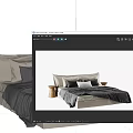 Modern Double Bed with Gray Bedding Pillows and Wooden Side Stools 3d model