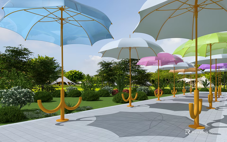 Landscape Pavilion In Outdoor Leisure Area With Colorful Umbrellas Green Lawn And Gray Stone Path 3d model 