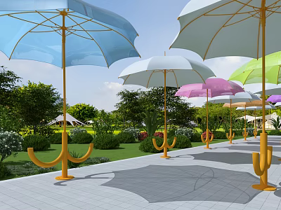 Landscape Pavilion In Outdoor Leisure Area With Colorful Umbrellas Green Lawn And Gray Stone Path 3d model