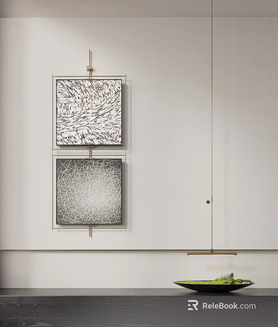 Two Abstract Paintings With Intricate Linear Textures Framed Hanging On White Wall 3d model