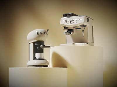 Modern Kitchen Appliances Featuring Light Colored Coffee Machines On Display Stands 3d model