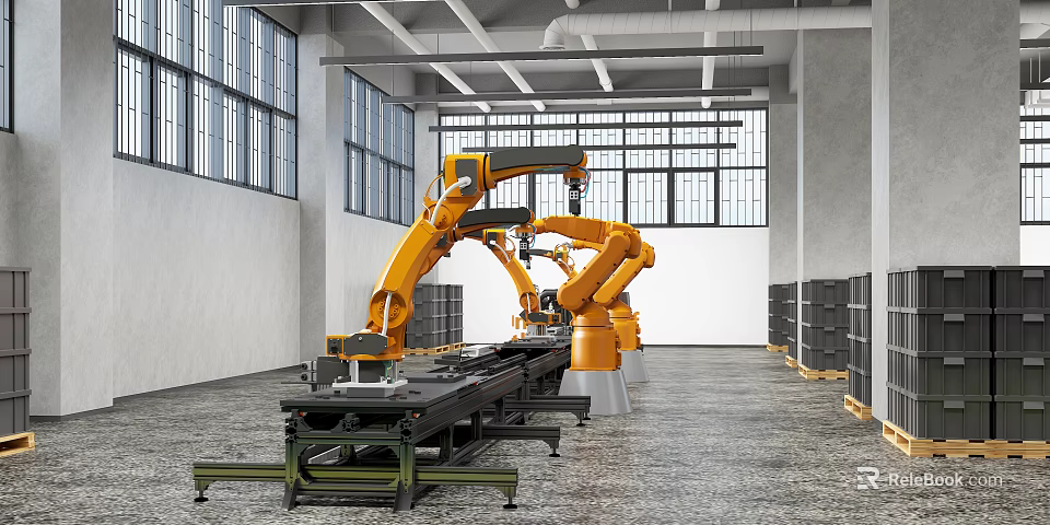 Industrial Robotic Arms Operating On Automated Production Line In Factory Workshop 3d model 