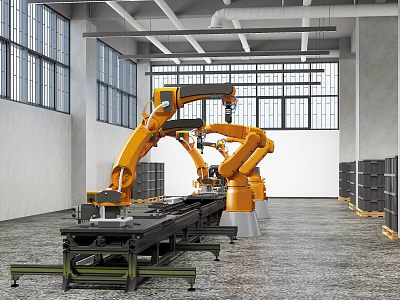 Industrial Robotic Arms Operating On Automated Production Line In Factory Workshop 3d model