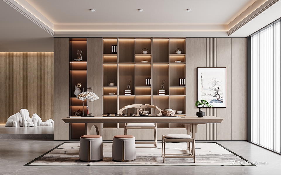 Modern Tea Room Interior With Wooden Shelves Tea Sets Long Table Chairs And Decorative Rug 3d model 