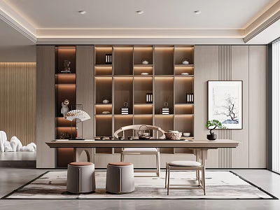 Modern Tea Room Interior With Wooden Shelves Tea Sets Long Table Chairs And Decorative Rug 3d model