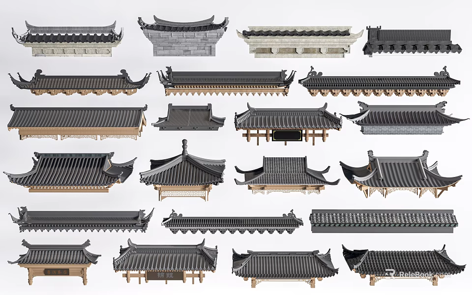 Ancient Architecture Traditional Roof Styles With Various Eaves And Classic Tile Structures 3d model 