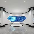 Modern Exhibition Hall With Curved Walls Digital World Map And Data Visualization Screens