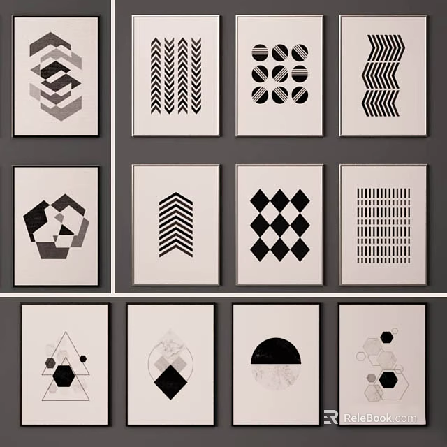 Modern Black White Picture Frames With Geometric Patterns And Abstract Designs 3d model
