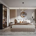 Modern Bedroom Interior Design With Plush Bed Round Decorative Art And Floor to Ceiling Windows