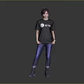 Woman with short hair in black STYLE T shirt blue jeans black boots gray background