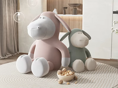 Adorable Pink And Green Sheep Plush Toys On Carpet With Nut Bowl 3d model