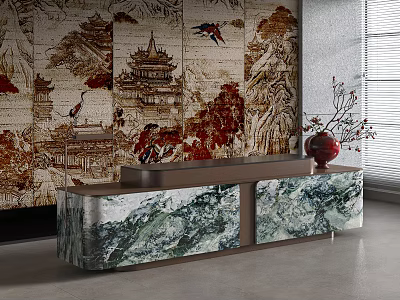 Elegant Reception Desk With Marble Countertop And Landscape Painting Backdrop Red Vase 3d model