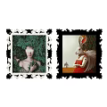 Ornate Framed Artworks Featuring Blindfolded Green Leaf Woman And Red Dressed Rabbit Winged Figure