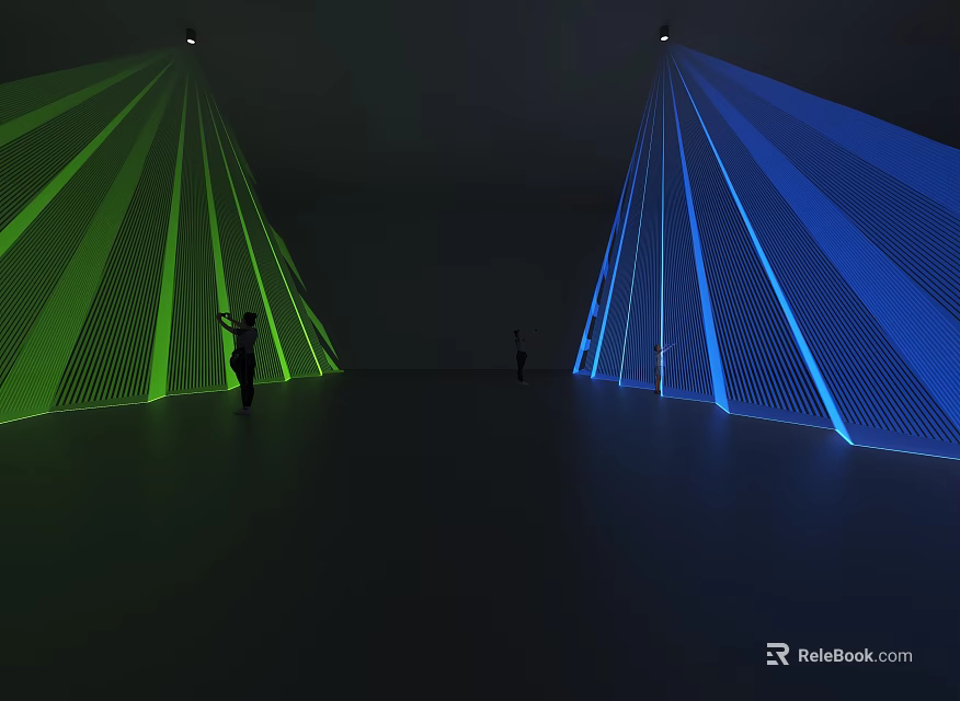 Green and Blue Decorative Lights in Geometric Conical Shapes for Exhibition Space with Human Figures 3d model 