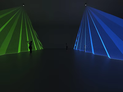 Green and Blue Decorative Lights in Geometric Conical Shapes for Exhibition Space with Human Figures 3d model