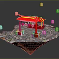 Floating Island With Red Chinese Pavilion Red Tables Chairs White Lanterns And Stone Pavement