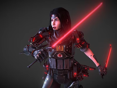 Game Movie Sci Fi Character With Long Black Hair In Armored Suit Wielding Red Lightsabers 3d model