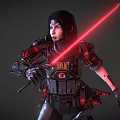 Game Movie Sci Fi Character With Long Black Hair In Armored Suit Wielding Red Lightsabers
