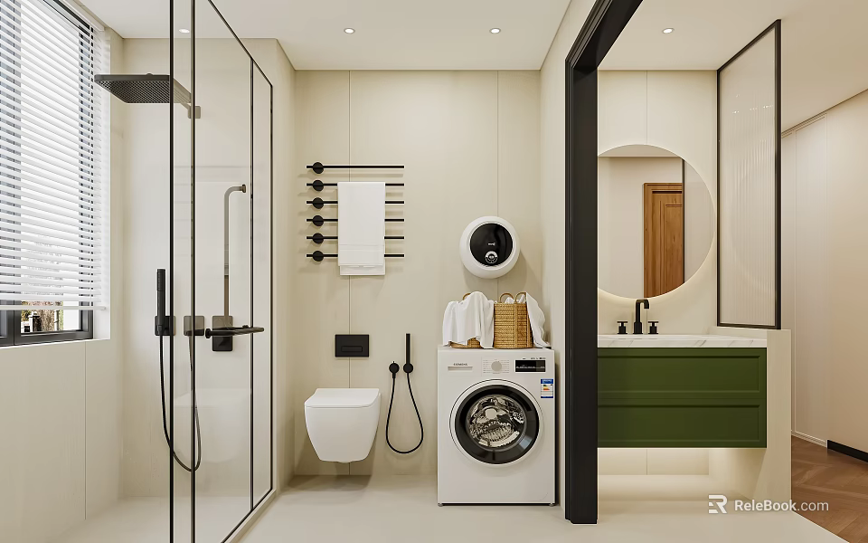 Modern Bathroom Interior With Glass Shower Wall Mounted Toilet Washing Machine And Green Vanity 3d model 
